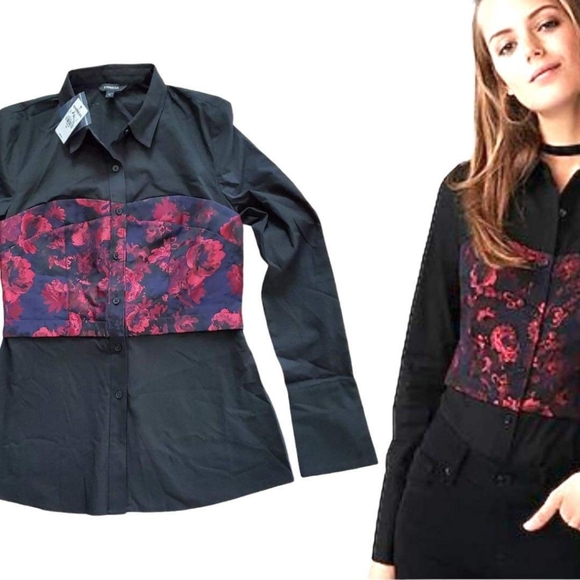 Express Tops - Express Corset Blouse Black & Pink Size XS